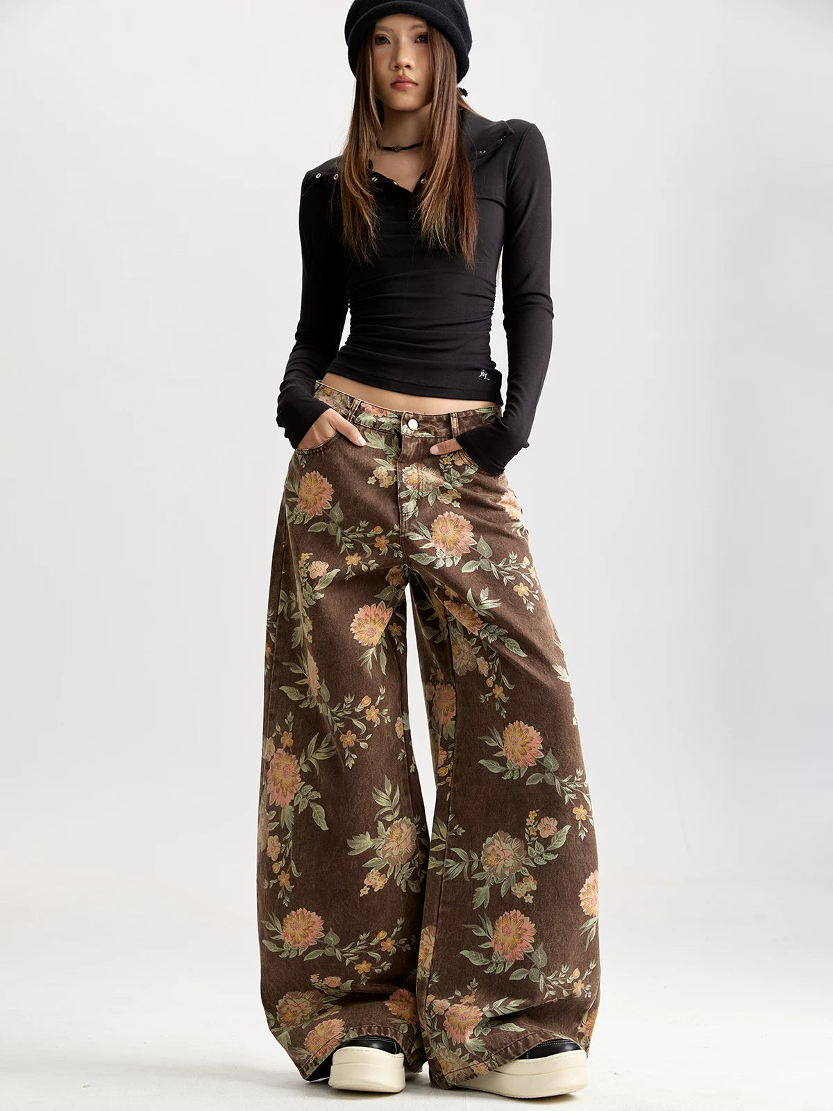 Floral Wide-Leg Jeans with Vintage Wash