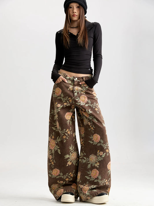 Floral Wide-Leg Jeans with Vintage Wash