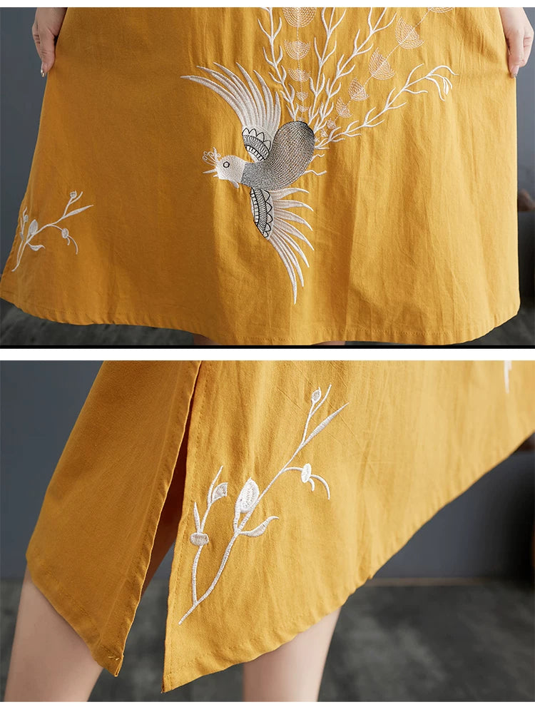 Embroidered Phoenix Short Sleeve Midi Dress