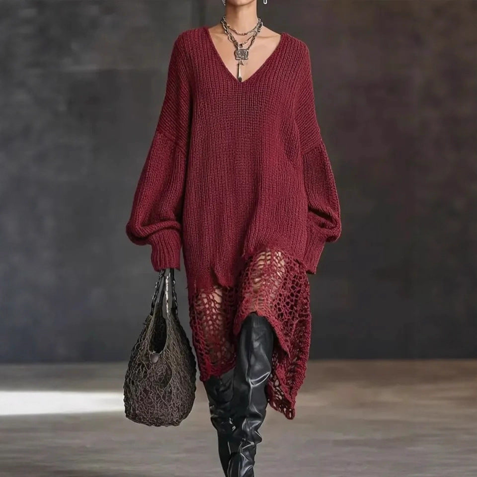 Oversized Knit Dress with V-Neck & Mesh Hem