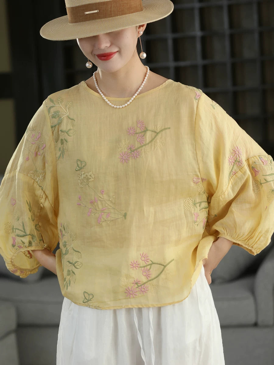 100% Ramie Top with Floral Embroidery & Lantern Sleeves