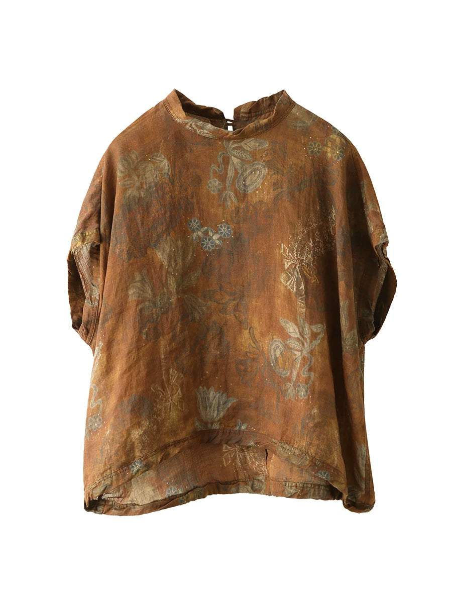 100% Ramie Top with Floral Print & Small Stand Collar