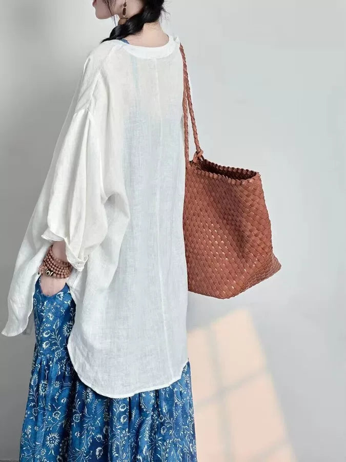 New Chinese Style Zen White Linen Shirt for Women, Early Autumn Edition, Artistic and Elegant Loose-Fit Mid-Length Cotton-Linen Long Sleeve Top