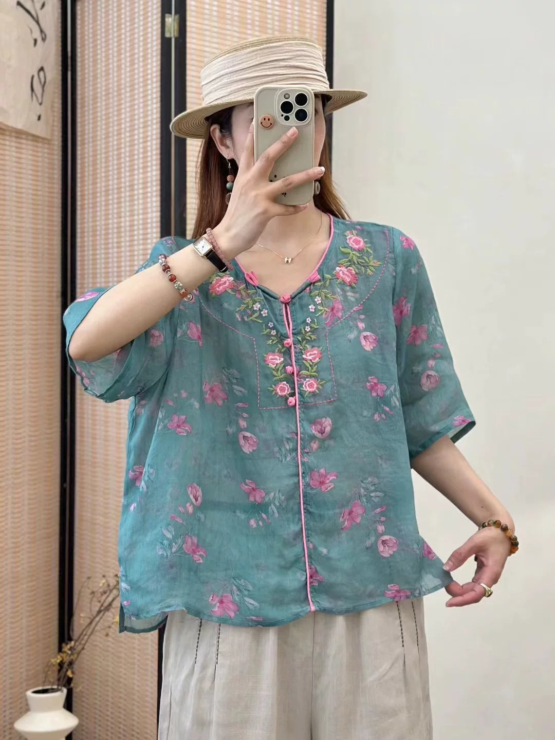 Embroidered Floral Print Half Sleeve Shirt