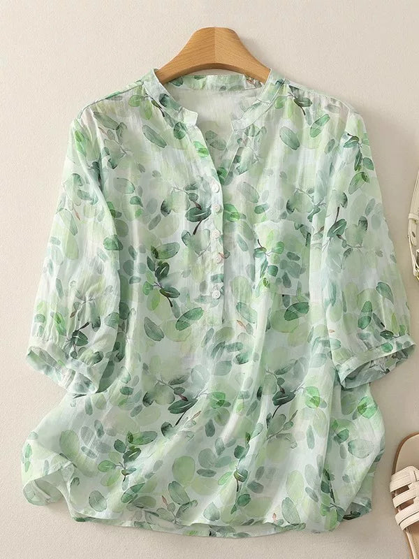 Floral Print Cotton Linen Three Quarter Sleeve Shirt