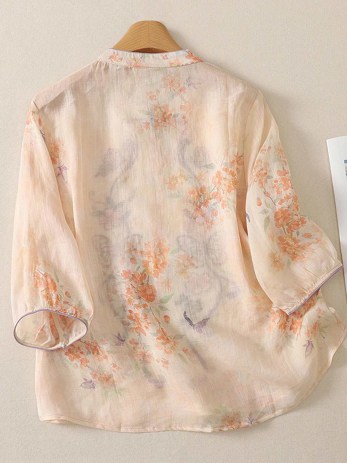 Linen-Look Mandarin Collar Top with Butterfly Embroidery