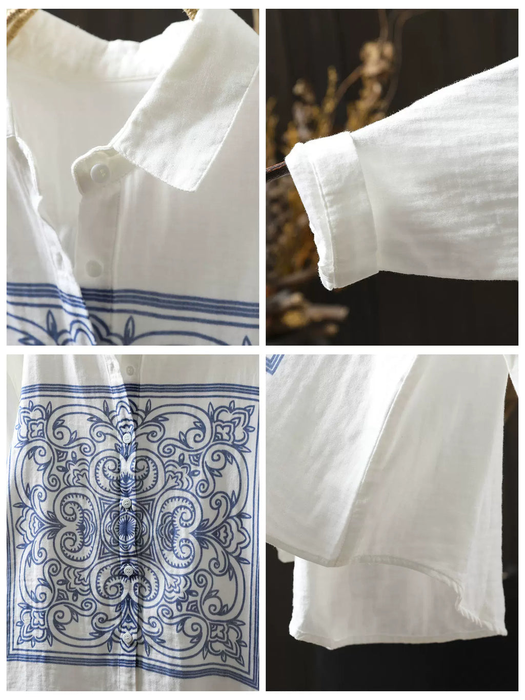 Linen Blouse with Porcelain Print & Button Front