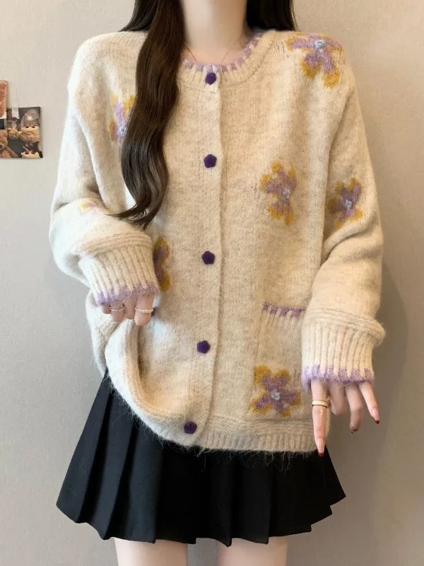 Gray Floral Embroidered Knit Cardigan Sweater