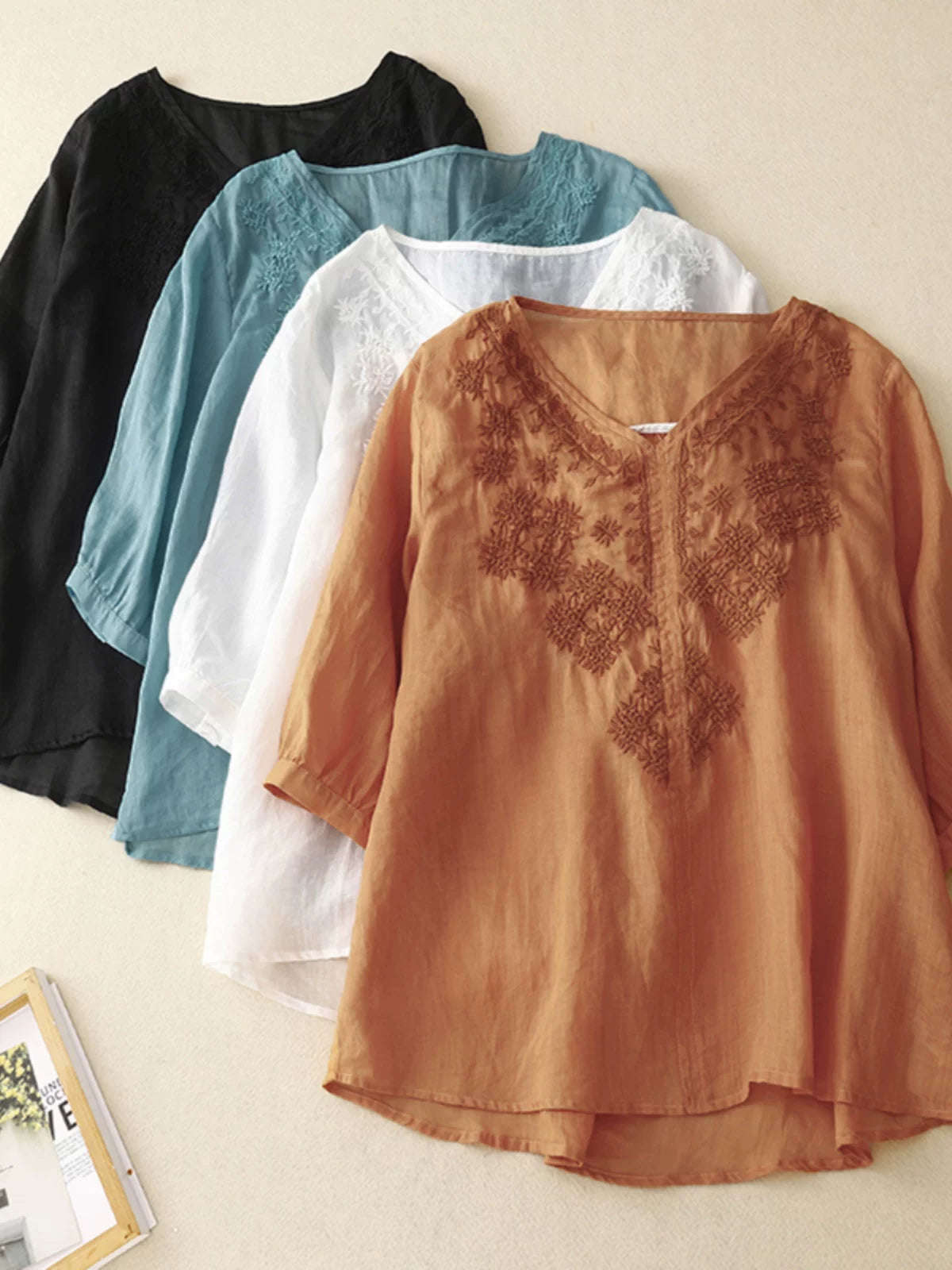 Embroidered Cotton Linen Three Quarter Sleeve Shirt
