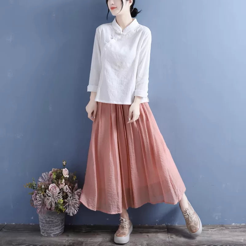 Cotton Linen Long Sleeve Shirt with Decorative Knot Detail