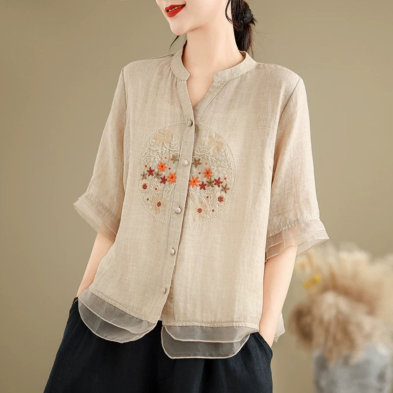 Embroidered Cotton Linen Half Sleeve Shirt with Organza Hem