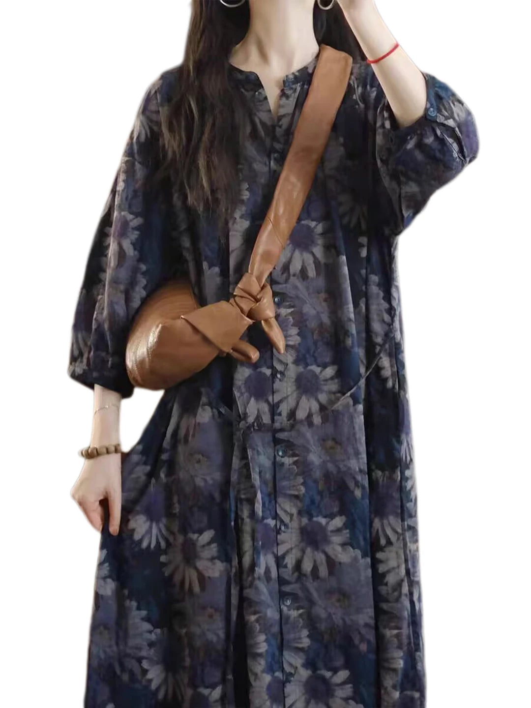 Vintage Print Linen Blouse Dress with Tie Waist