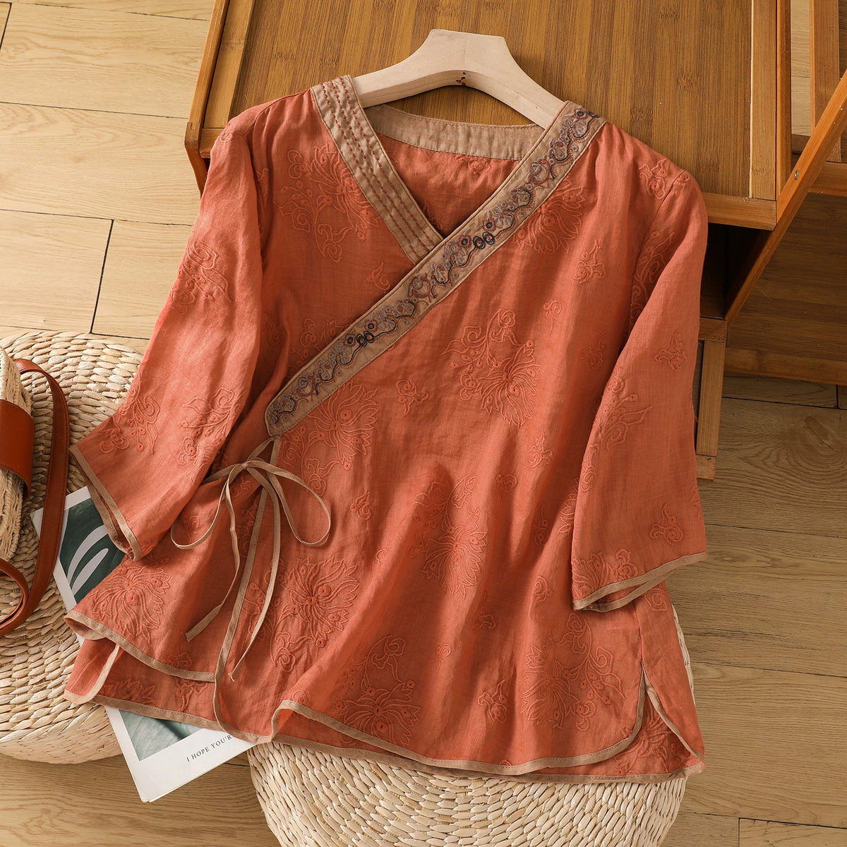 Embroidered Trim Three Quarter Sleeve Shirt