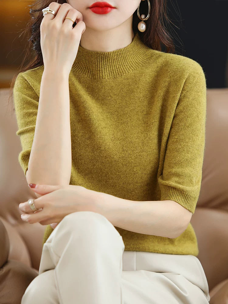 Relaxed Knit Top with Small Stand Collar & Elbow Sleeves