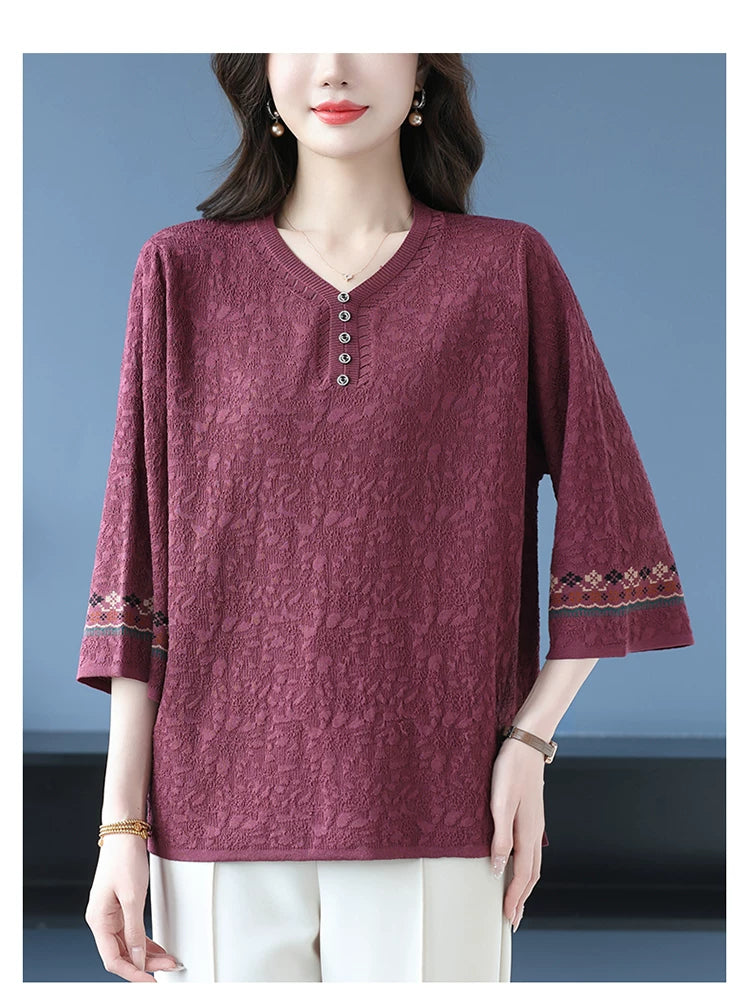 Textured Woven Blouse with Embroidered Cuffs