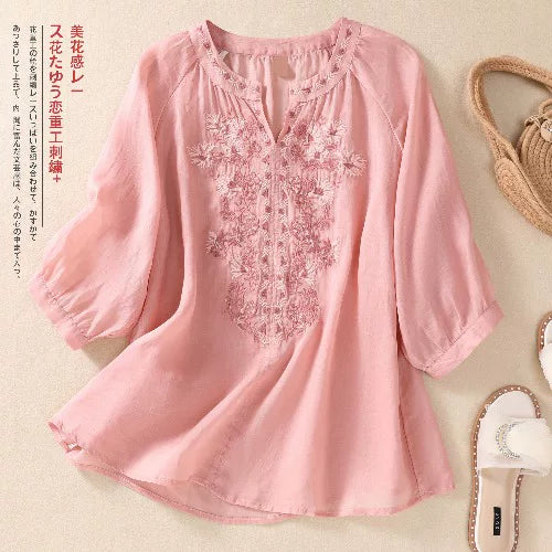 Embroidered Three Quarter Sleeve Blouse, Cotton Linen