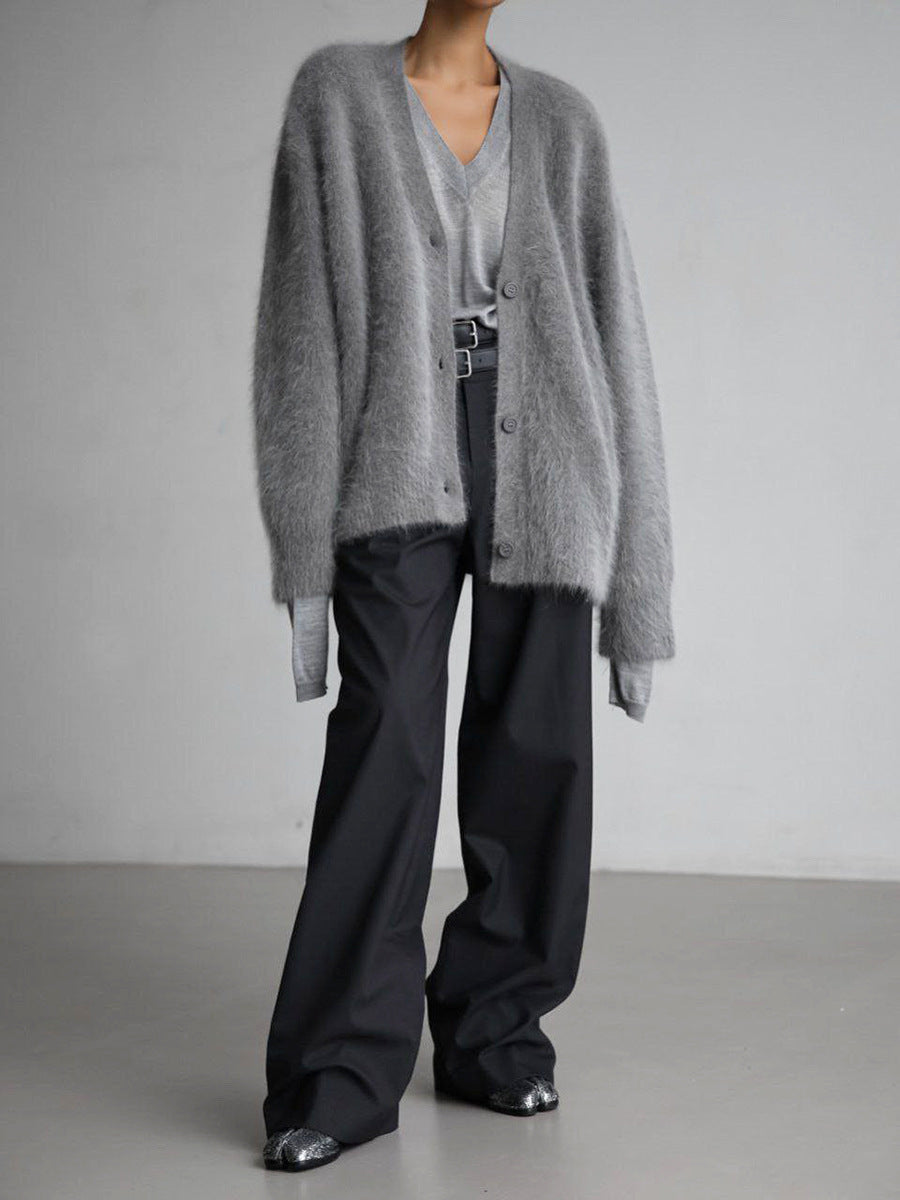 Acrylic Fuzzy Knit Cardigan, V-Neck Open Front, Relaxed Oversized