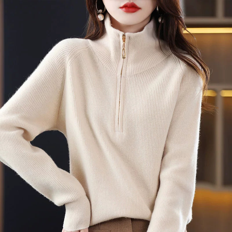 Relaxed Half-Zip Knit Top with Stand Collar
