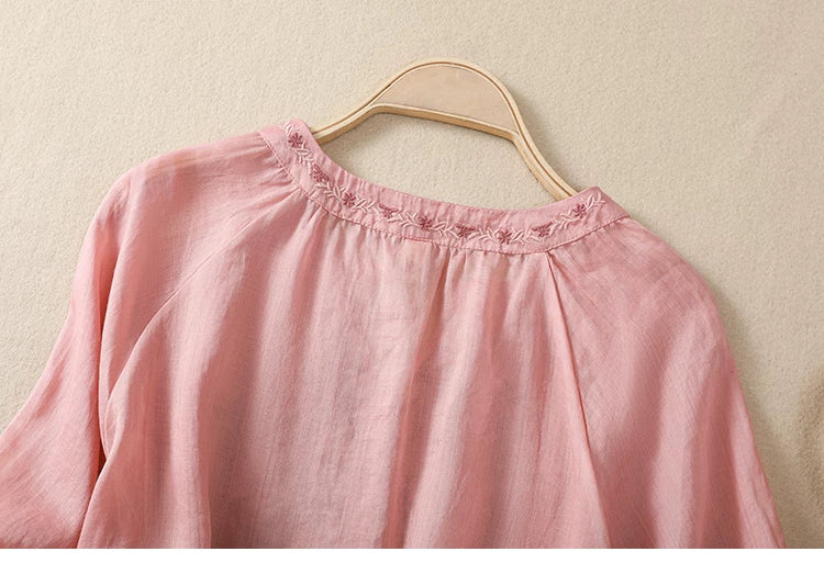 Embroidered Three Quarter Sleeve Blouse, Cotton Linen