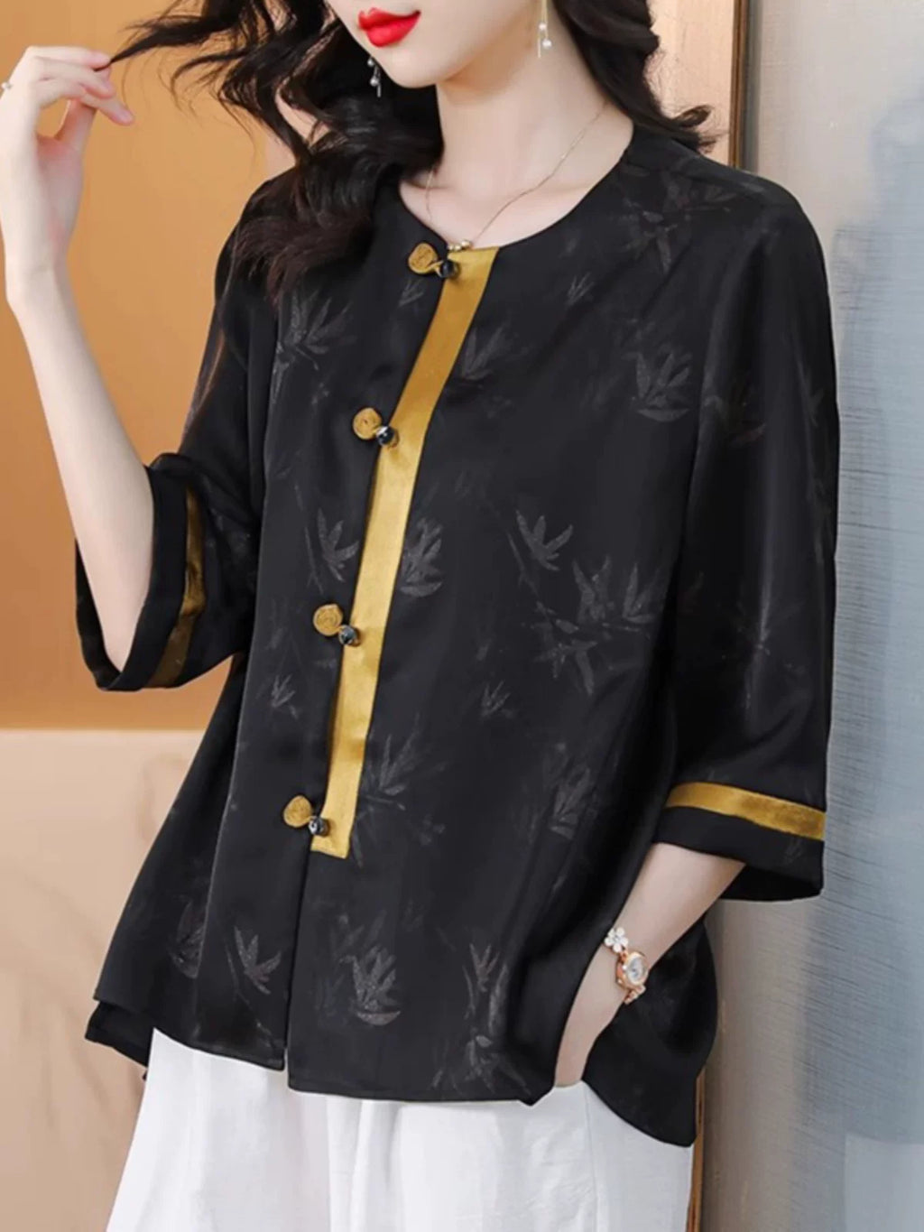 Black Silky-Feel Button Top with Bamboo Jacquard