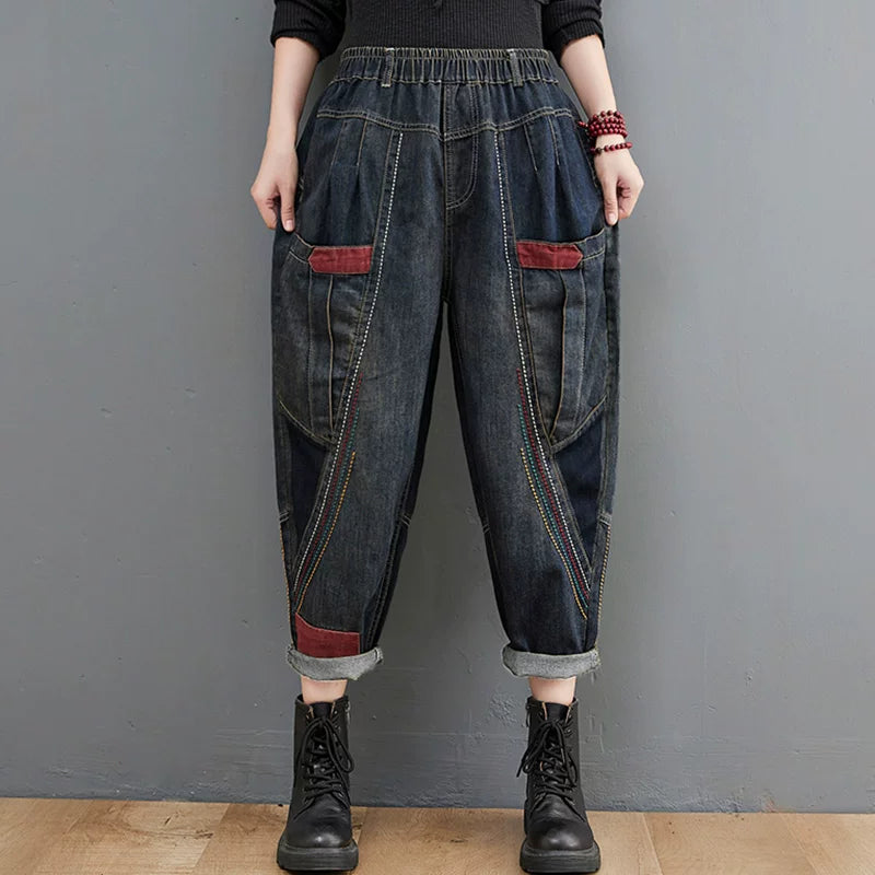 Denim Pants: Relaxed Tapered Barrel-Leg with Elastic Waist