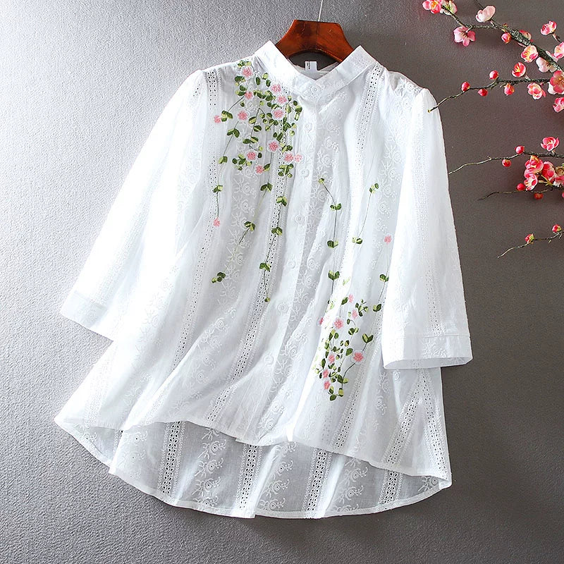 Cotton Blouse with Floral Embroidery & Eyelet Lace