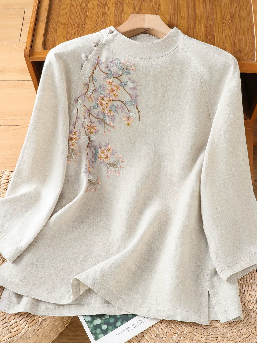 Embroidered Cotton Linen Three Quarter Sleeve Shirt