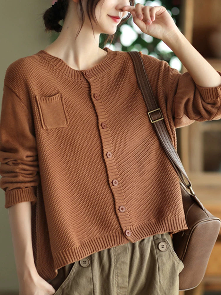 Cotton-Blend Knit Cardigan with V-Neck & Chest Pocket