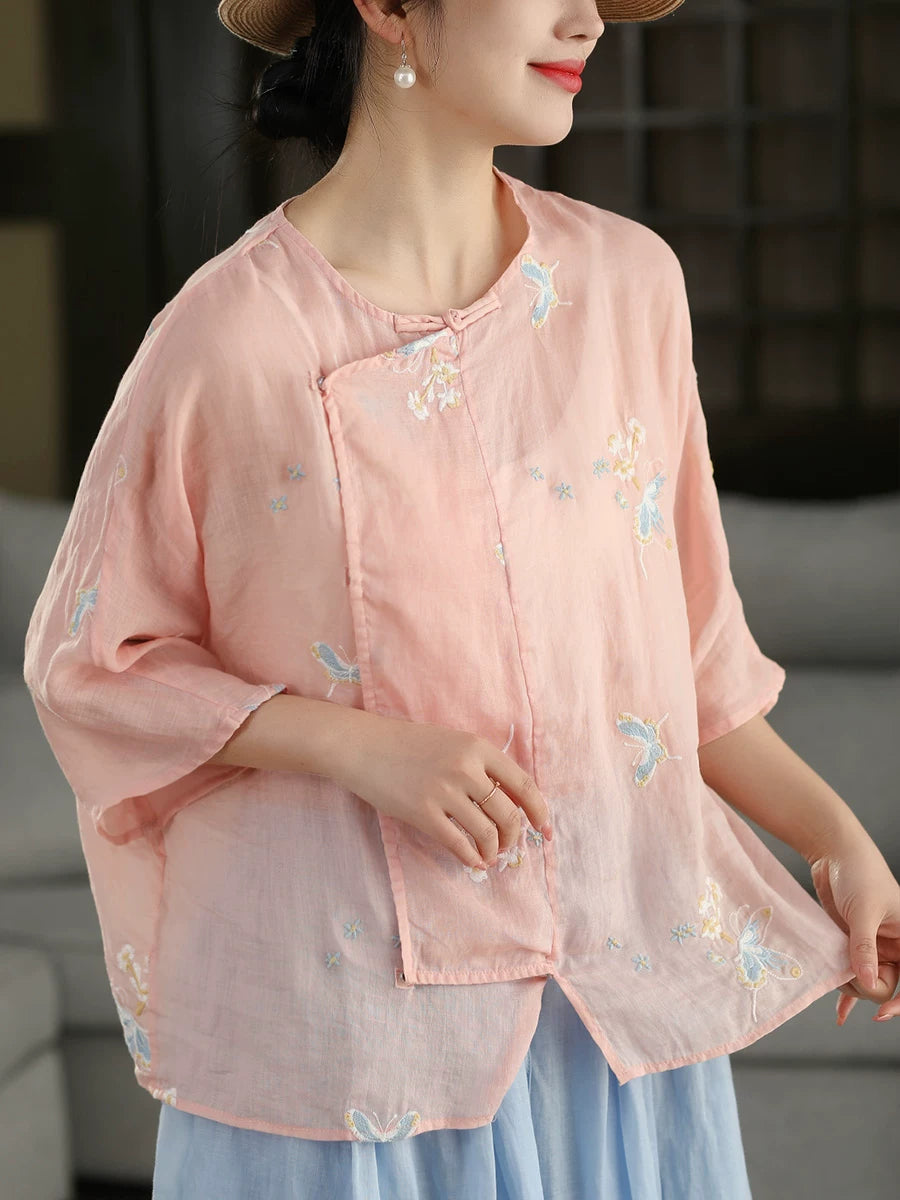 100% Ramie Top with Floral Embroidery & Knot Detail
