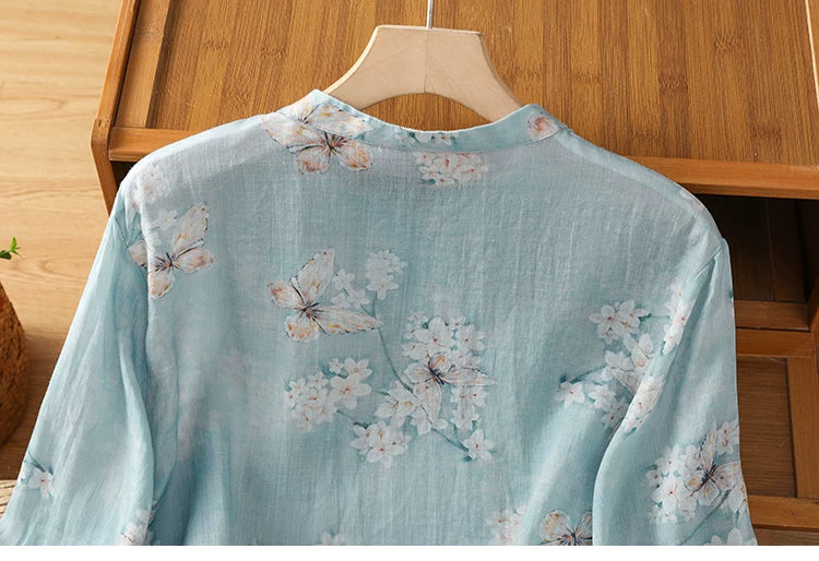 Floral Butterfly Print Three Quarter Sleeve Shirt