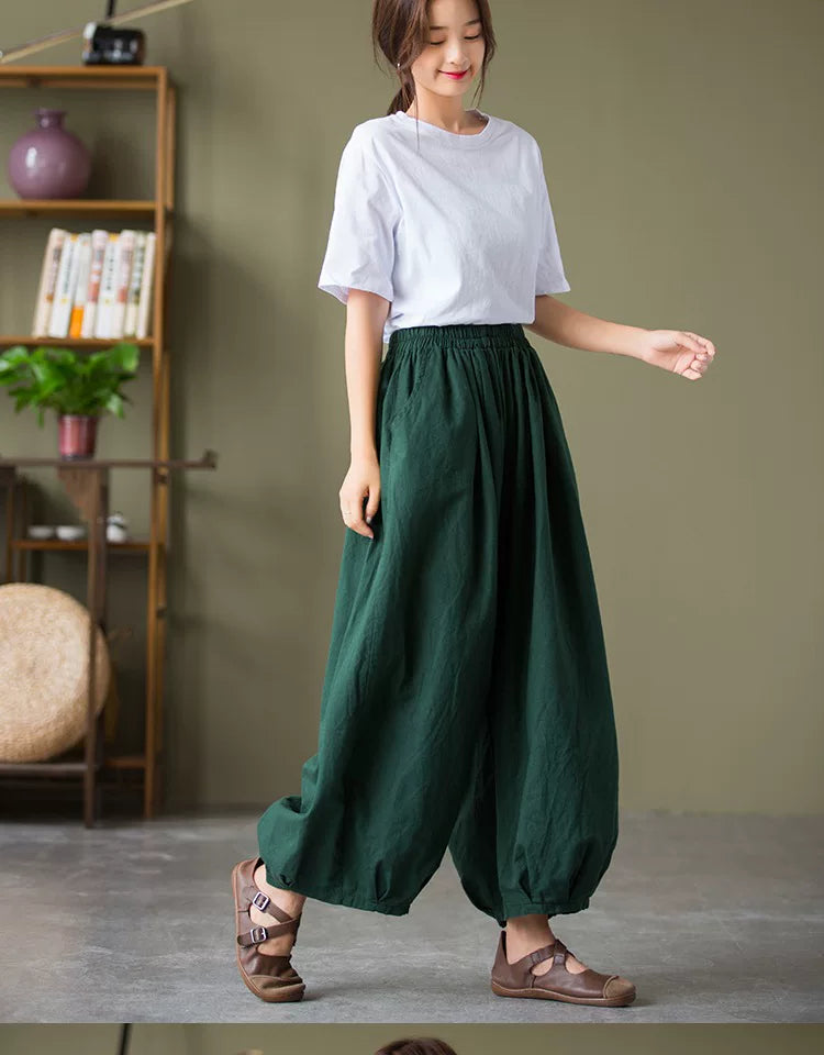 Balloon-Leg Cropped Pants with Linen-Look Texture