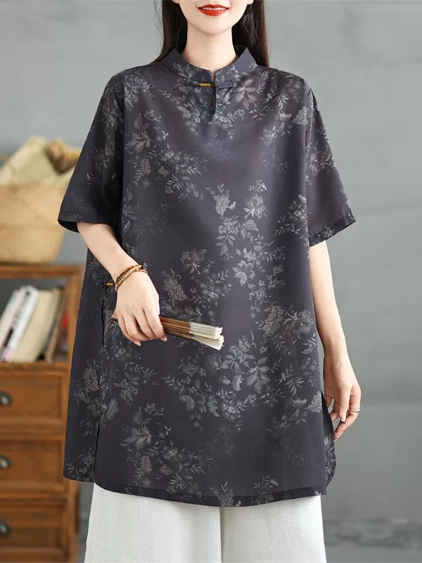 Vintage Print Linen Short Sleeve Shirt for Women - Summer Loose Fit with Slanted Lapel and Button Closure