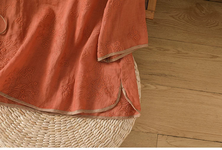 Embroidered Trim Three Quarter Sleeve Shirt