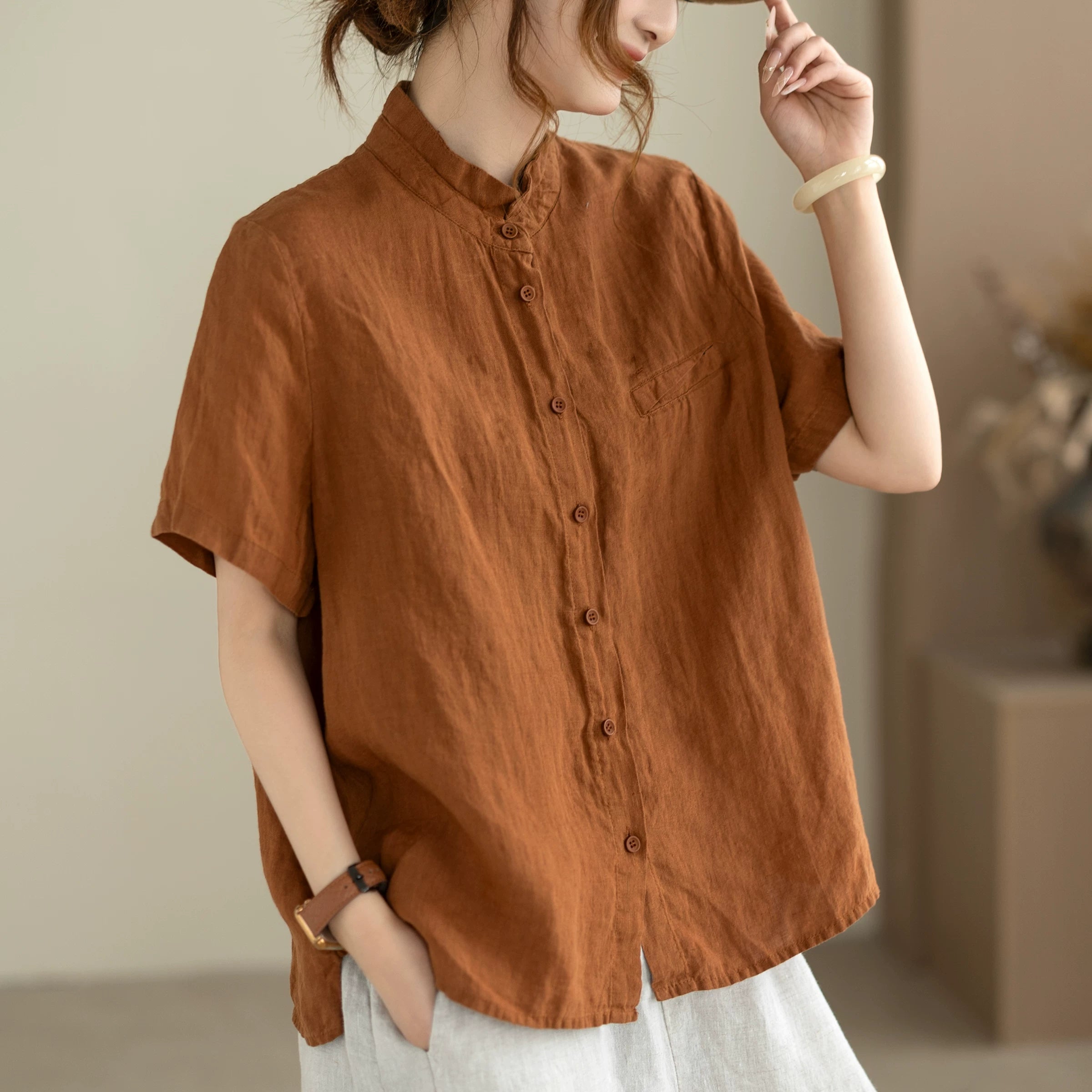 100% Linen Button-Front Top with Small Stand Collar