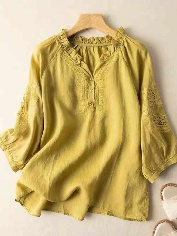 Embroidered Eyelet Lace Trim Half Sleeve Shirt