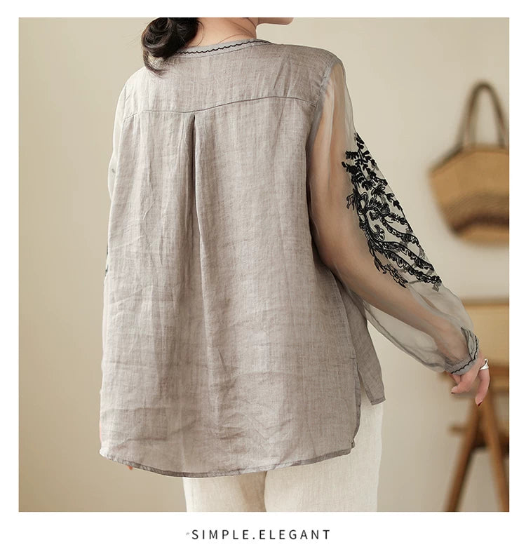 Sheer Mesh Sleeve Top with Embroidered Botanical Detail