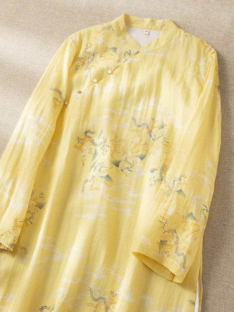 Dragon Crane Print Cotton Linen Three Quarter Sleeve Maxi Dress