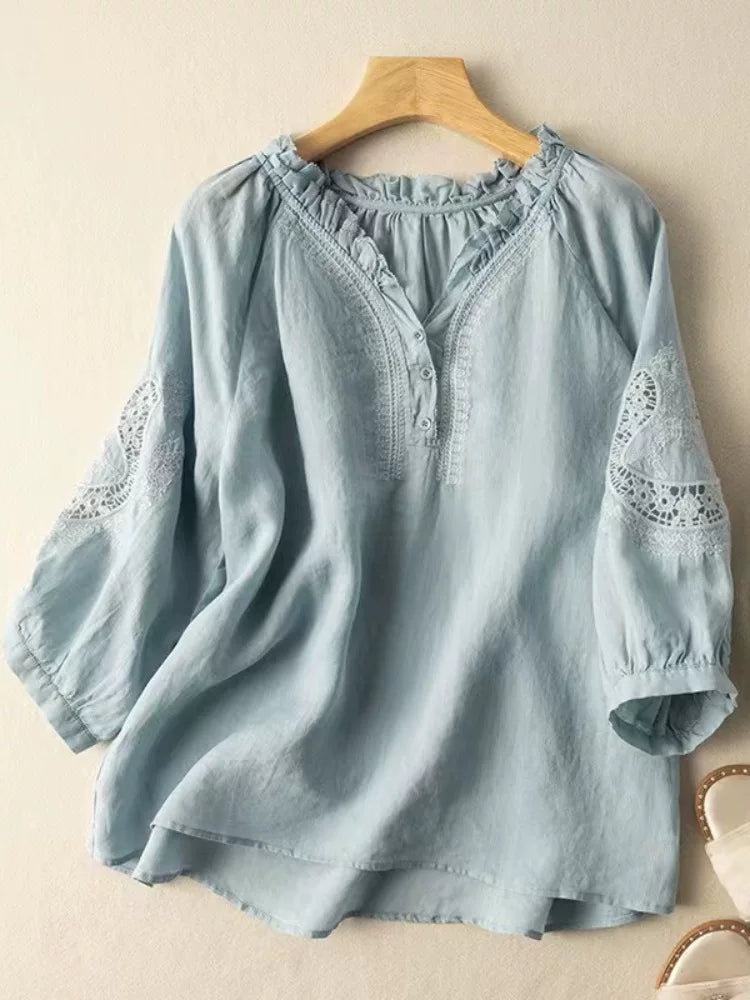 Embroidered Eyelet Lace Trim Half Sleeve Shirt