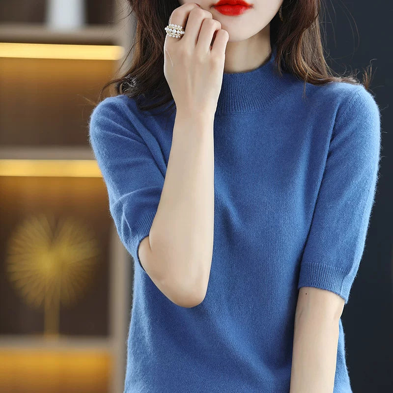 Relaxed Knit Top with Small Stand Collar & Elbow Sleeves