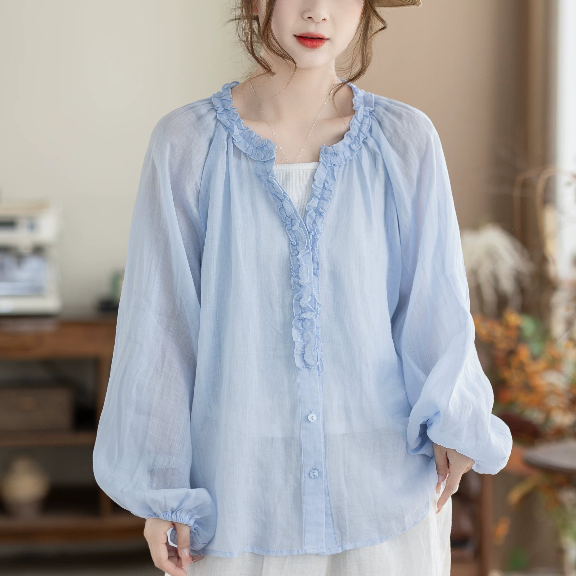 100% Ramie Blouse with Ruffled V-Neck & Elbow Sleeves