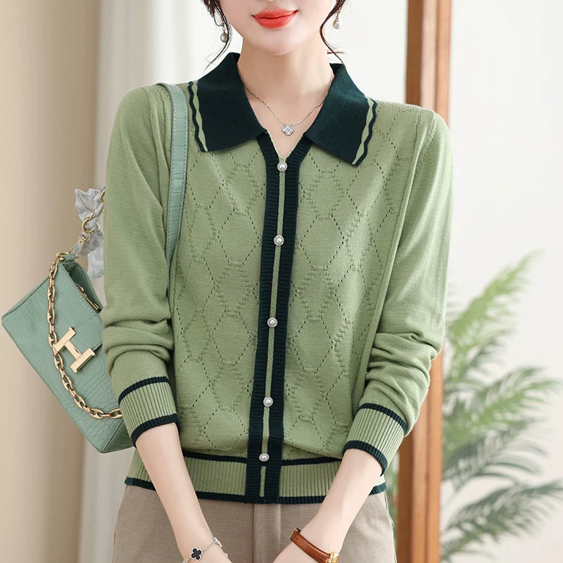 Diamond-Pattern Knit Cardigan with Contrast Collar Trim