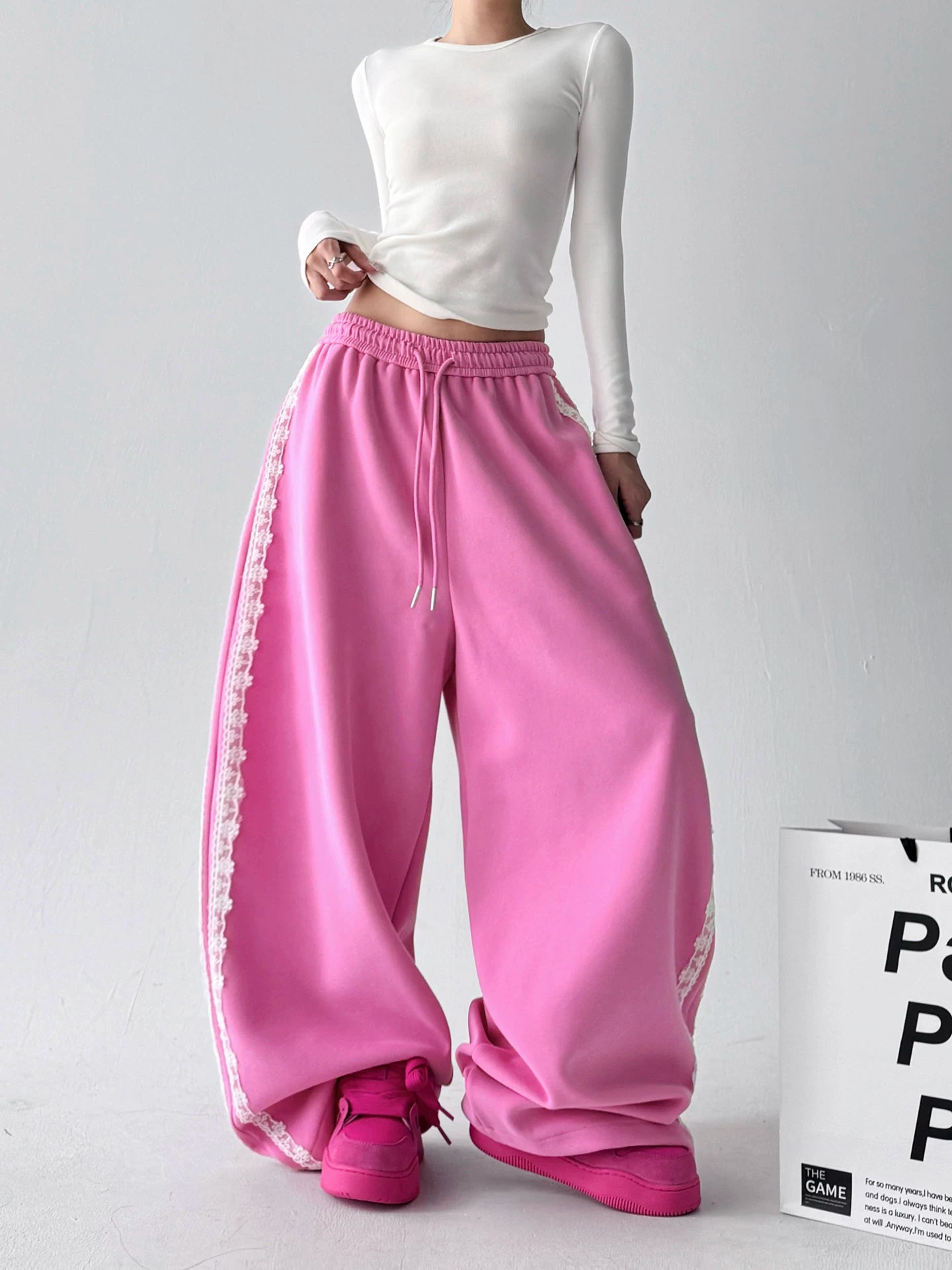 Korean-Style Lace-Trimmed Straight Leg Sweatpants