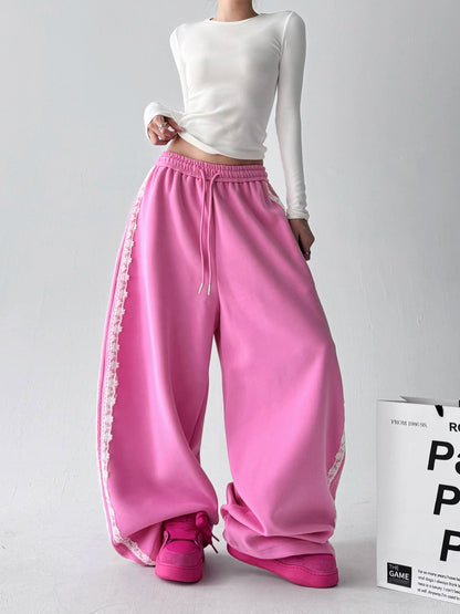 Korean-Style Lace-Trimmed Straight Leg Sweatpants