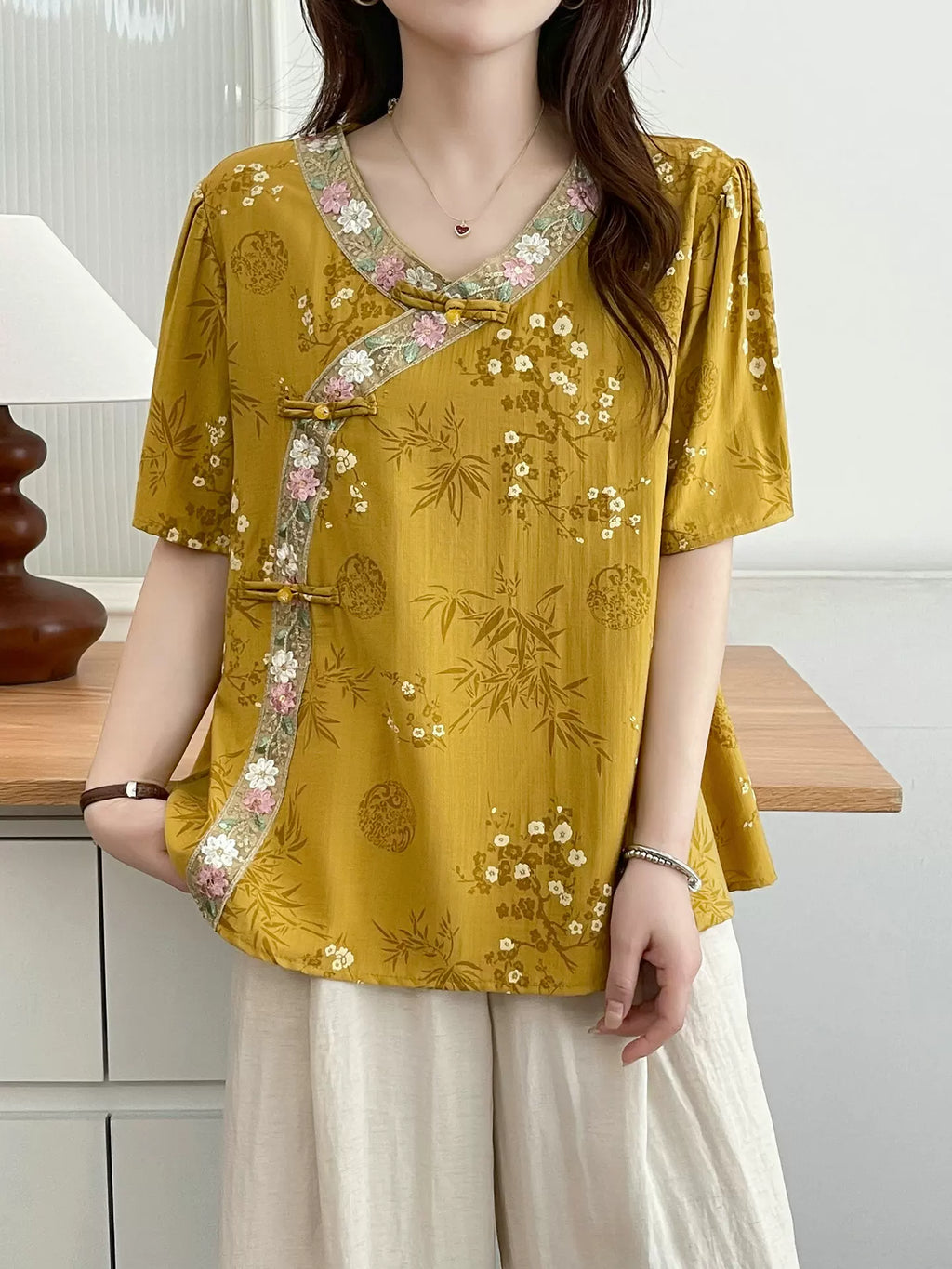 Relaxed V-Neck Tunic with Embroidered Trim & Botanical Print