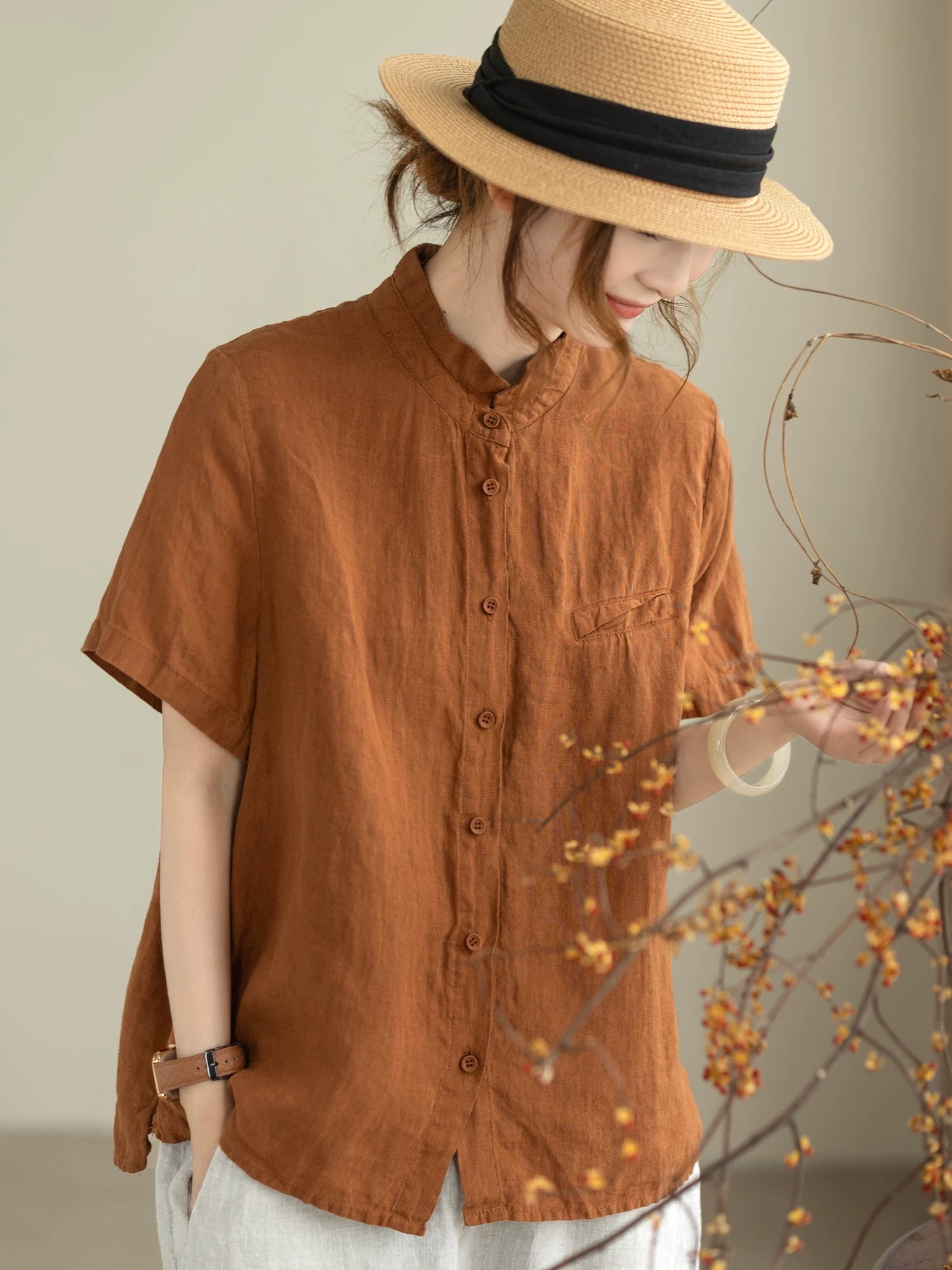 100% Linen Button-Front Top with Small Stand Collar