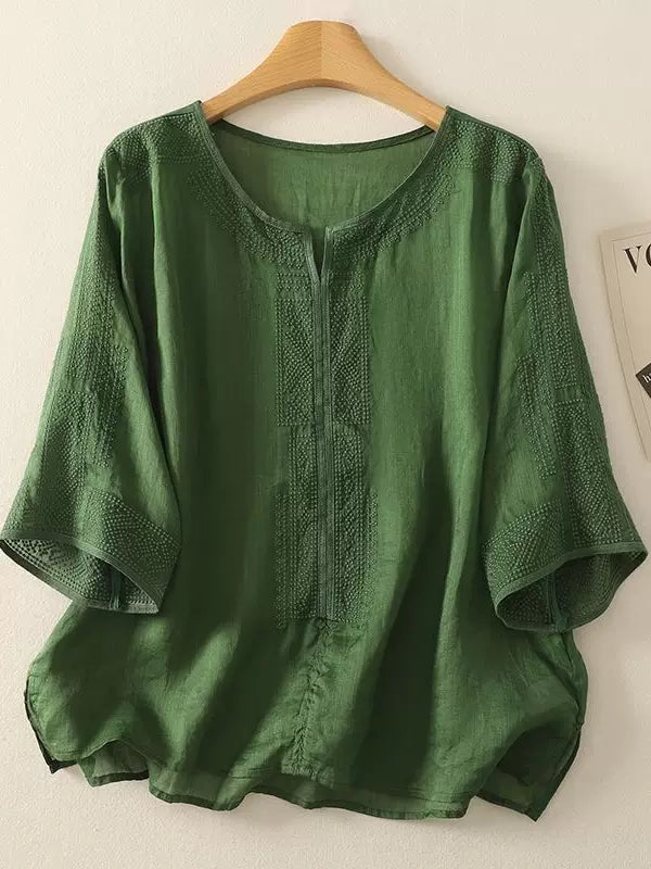 Embroidered Relaxed Top with Front Slit