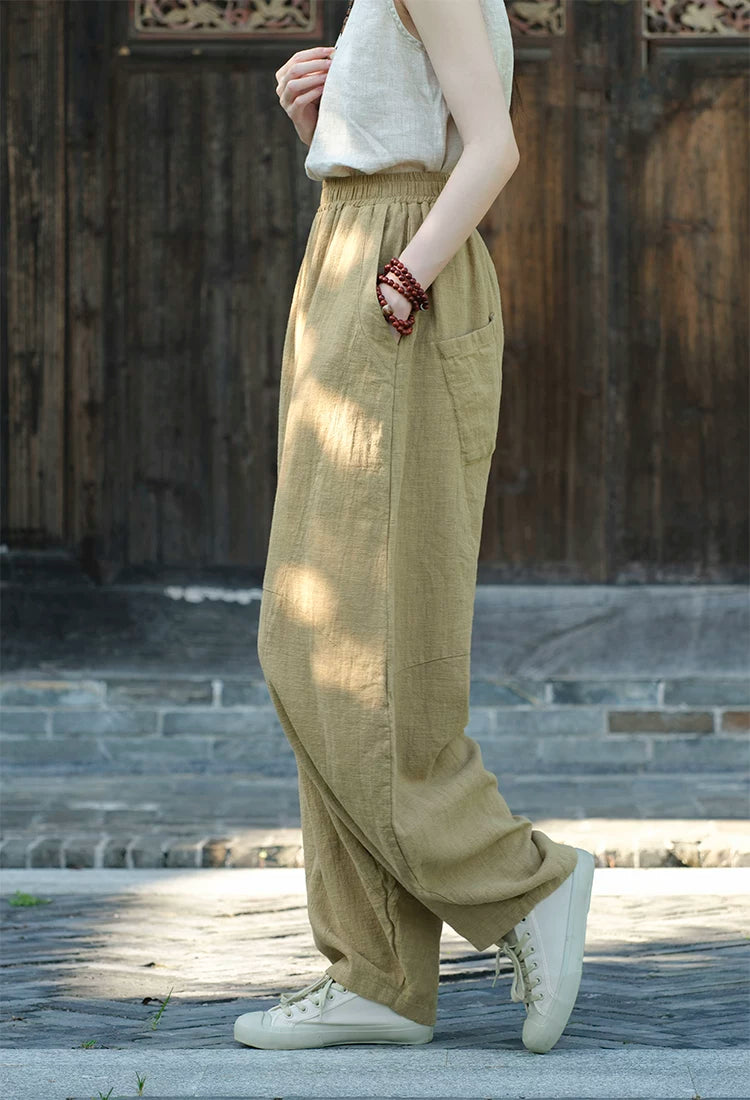 Balloon-Leg Cotton-Linen Pants with Elastic Waist