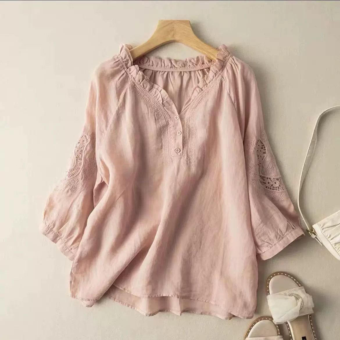 Embroidered Eyelet Lace Trim Half Sleeve Shirt