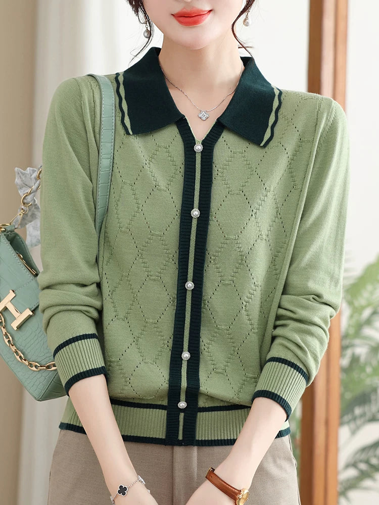 Diamond-Pattern Knit Cardigan with Contrast Collar Trim