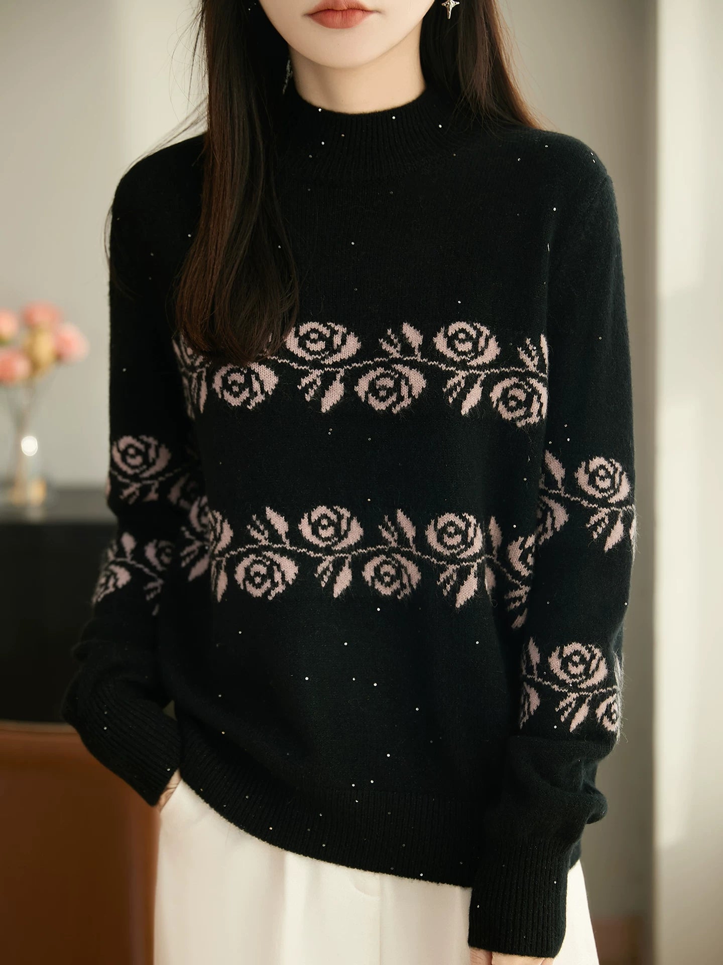 Floral Jacquard Knit Sweater, High-Neck Pullover in Black